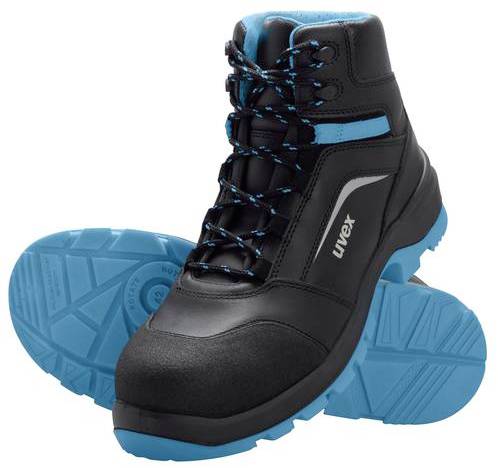 Black safety shoe with blue sole and blue laces. Marked on the side with 'Uvex'.