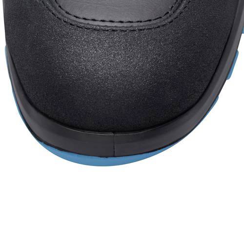 Black shoe with a rounded toe and blue sole, close-up front view.