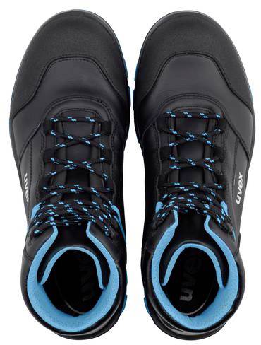 Two black, high-top work shoes with blue details and laces, viewed from above.