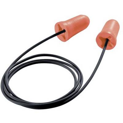Orange foam earplugs with a connected cord.