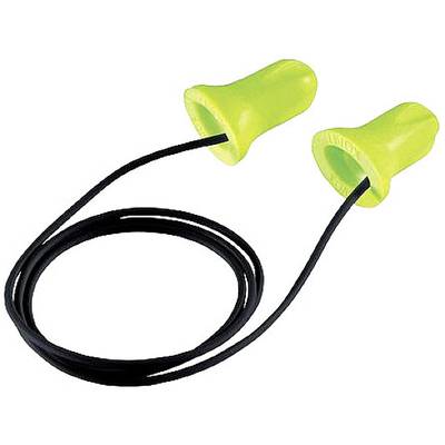 Two yellow earplugs are connected by a black cable. They are made of foam and are used to protect against noise.