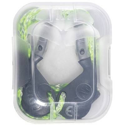 Black, grey and green earplugs in a transparent plastic case, suitable for noise protection, marked with 'CE'.