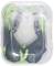 Black, grey and green earplugs in a transparent plastic case, suitable for noise protection, marked with 'CE'.