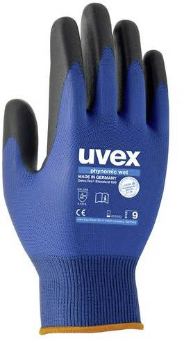 Blue work glove by Uvex with black palm, suitable for wet conditions. Text: 'phynomic wet', 'Made in Germany'.