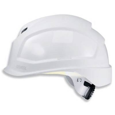 A white safety helmet with an adjustable chin strap, side ventilation, and robust design for workplace safety.