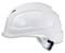 A white safety helmet with an adjustable chin strap, side ventilation, and robust design for workplace safety.
