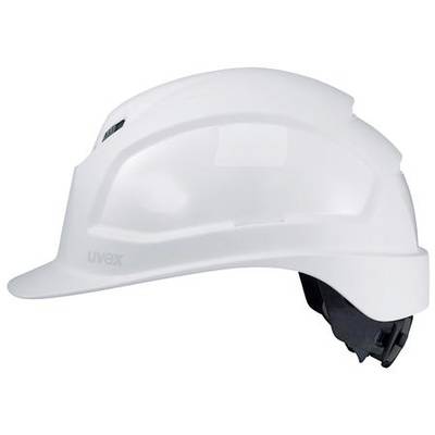 White safety helmet with black adjustment mechanism, side view.