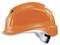 An orange plastic safety helmet with an adjustable chin strap, suitable for use on construction sites.
