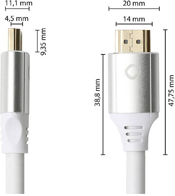 HDMI cable with dimensions: Plug 11.1 mm wide, 4.5 mm high; Housing 14 mm wide, 38.8 to 47.75 mm long.