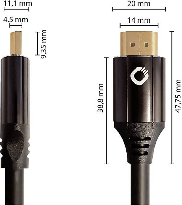 A USB-C plug and socket, both black, with detailed dimensional measurements in millimetres.