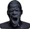 Black sculpture of a screaming man with closed eyes, expressive facial expression, smooth surface.