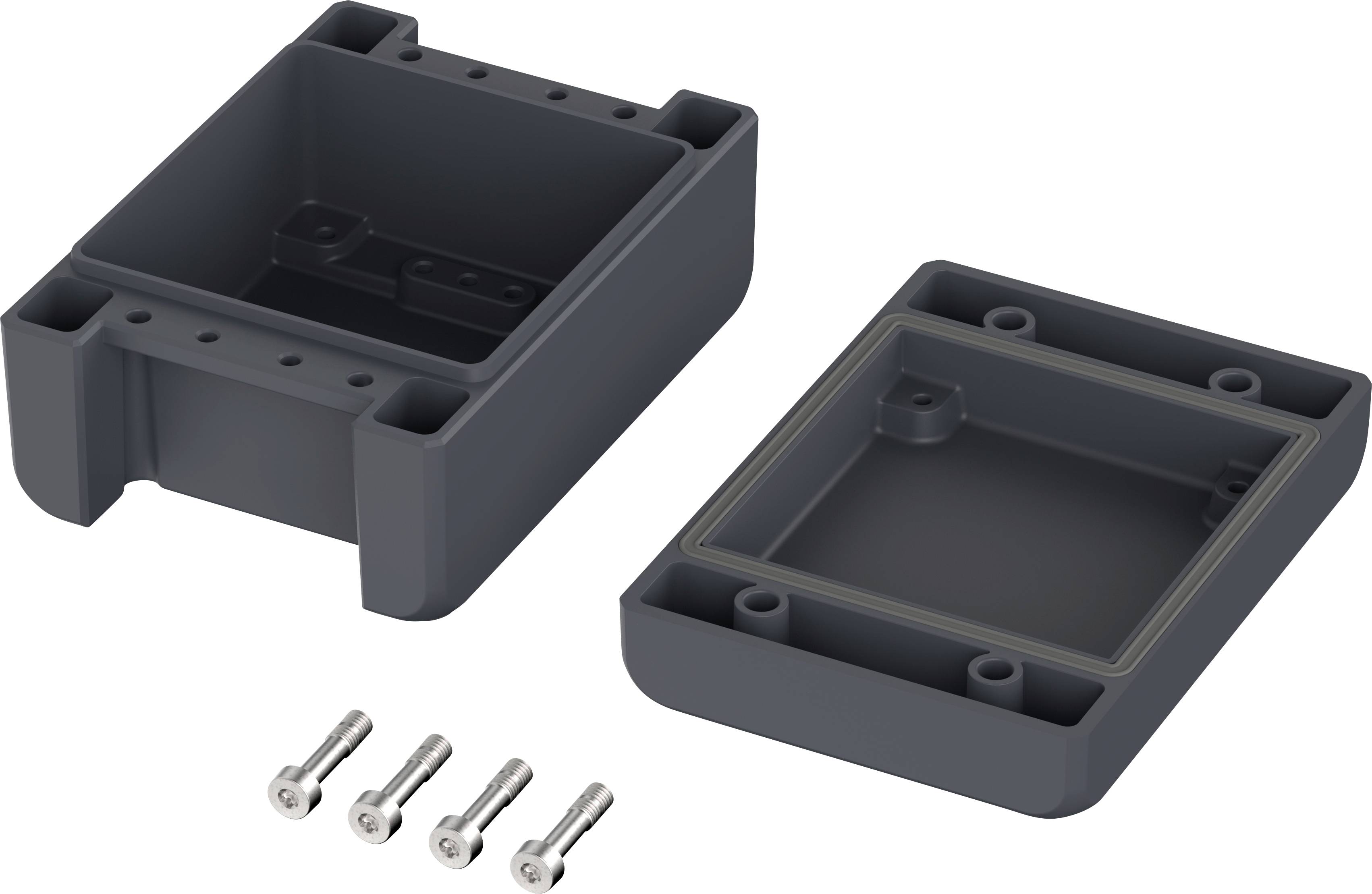 Housing made of black plastic, consisting of two parts. Four mounting screws are placed alongside. Suitable for electronic projects.