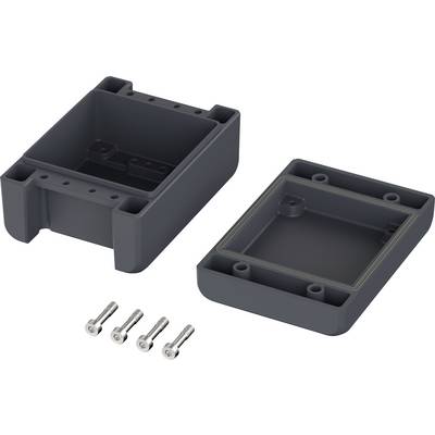 Housing made of black plastic, consisting of two parts. Four mounting screws are placed alongside. Suitable for electronic projects.