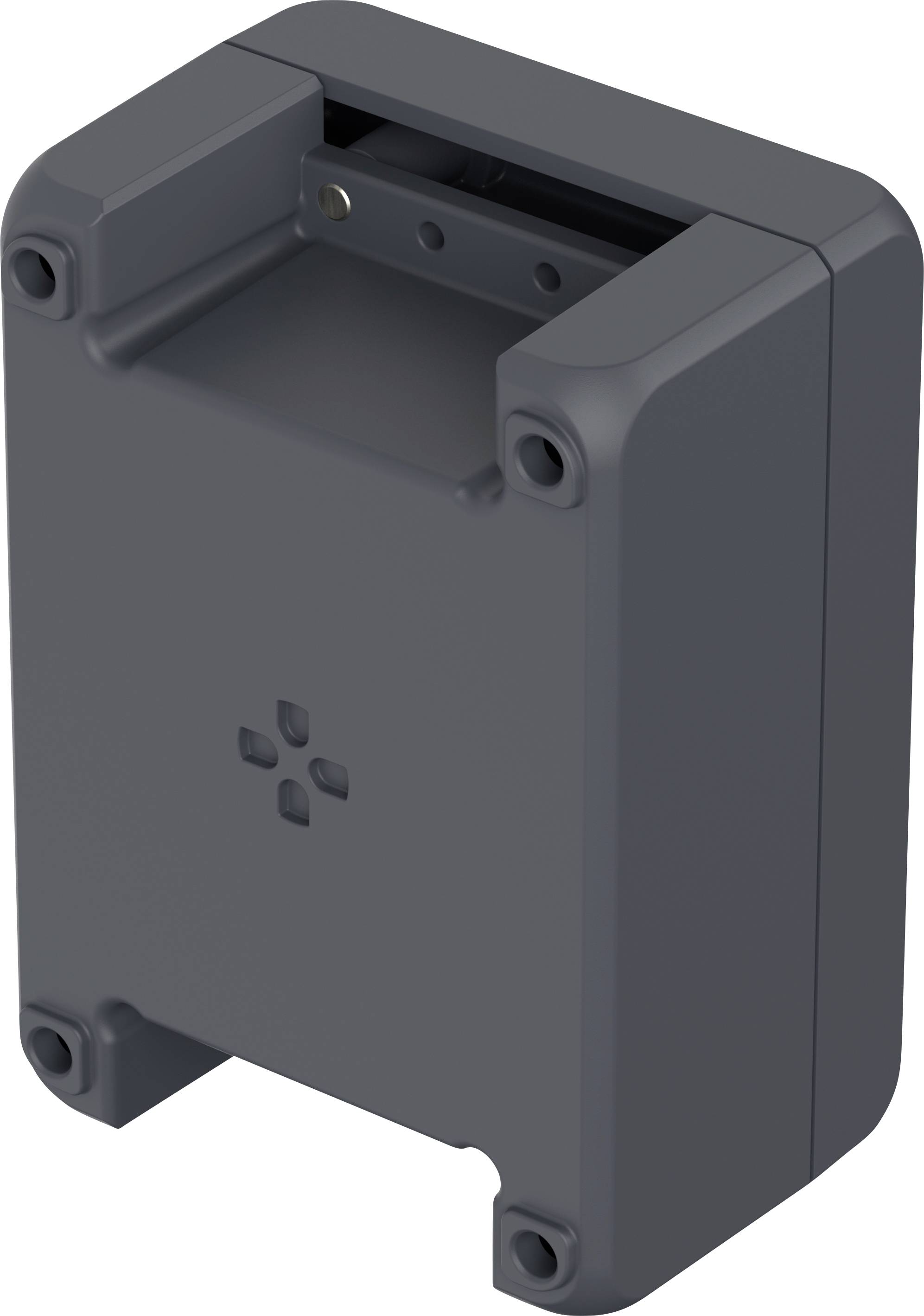 A rectangular, dark grey enclosure with rounded corners and four mounting points at the corners.
