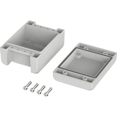 Open grey plastic enclosure, consisting of two parts. Four screws are laid out in front. Suitable for electronic components.