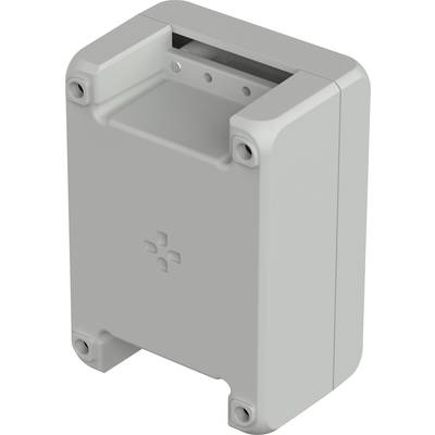 A grey rectangular plastic enclosure with rounded corners and screw holes at the corners, possibly for electronic components.