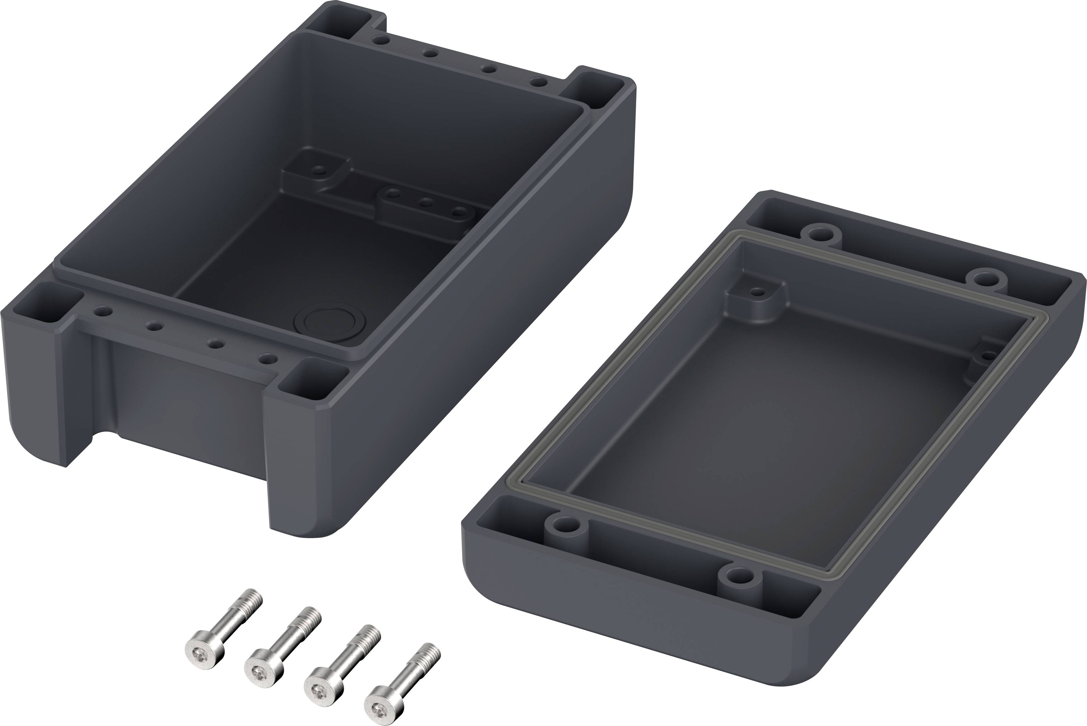 Housing made of dark plastic, split into two halves, with four silver screws. Suitable for electronic components.