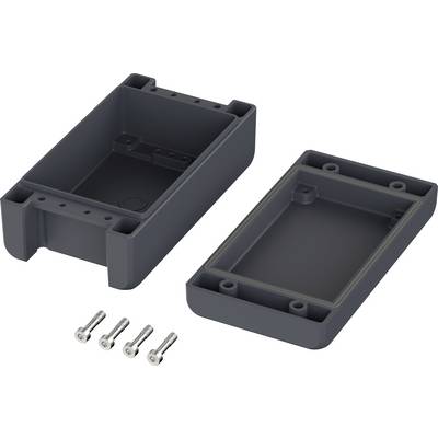Housing made of dark plastic, split into two halves, with four silver screws. Suitable for electronic components.