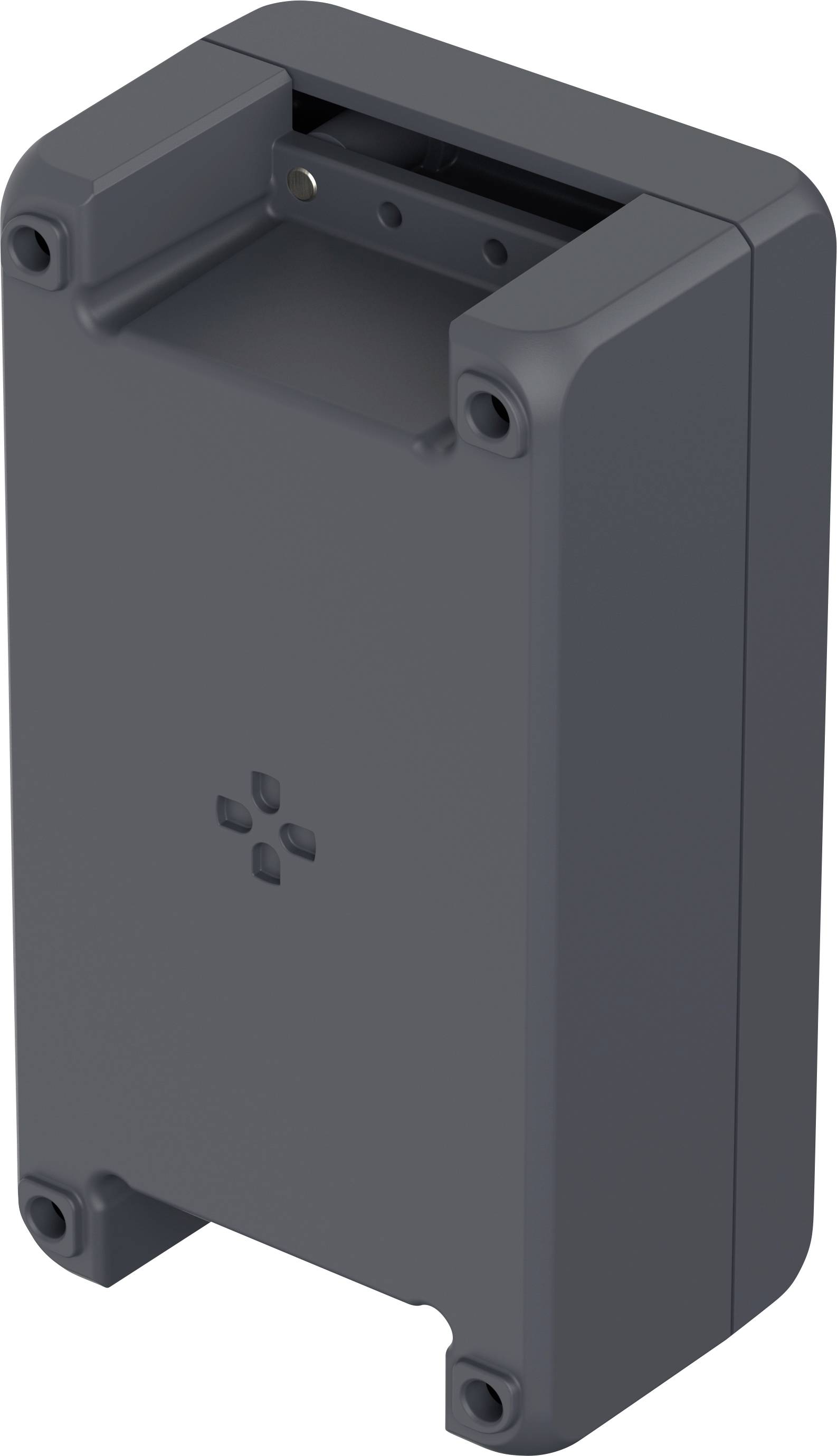 A black rectangular electronic component with rounded corners and four screw holes, likely for mounting purposes.