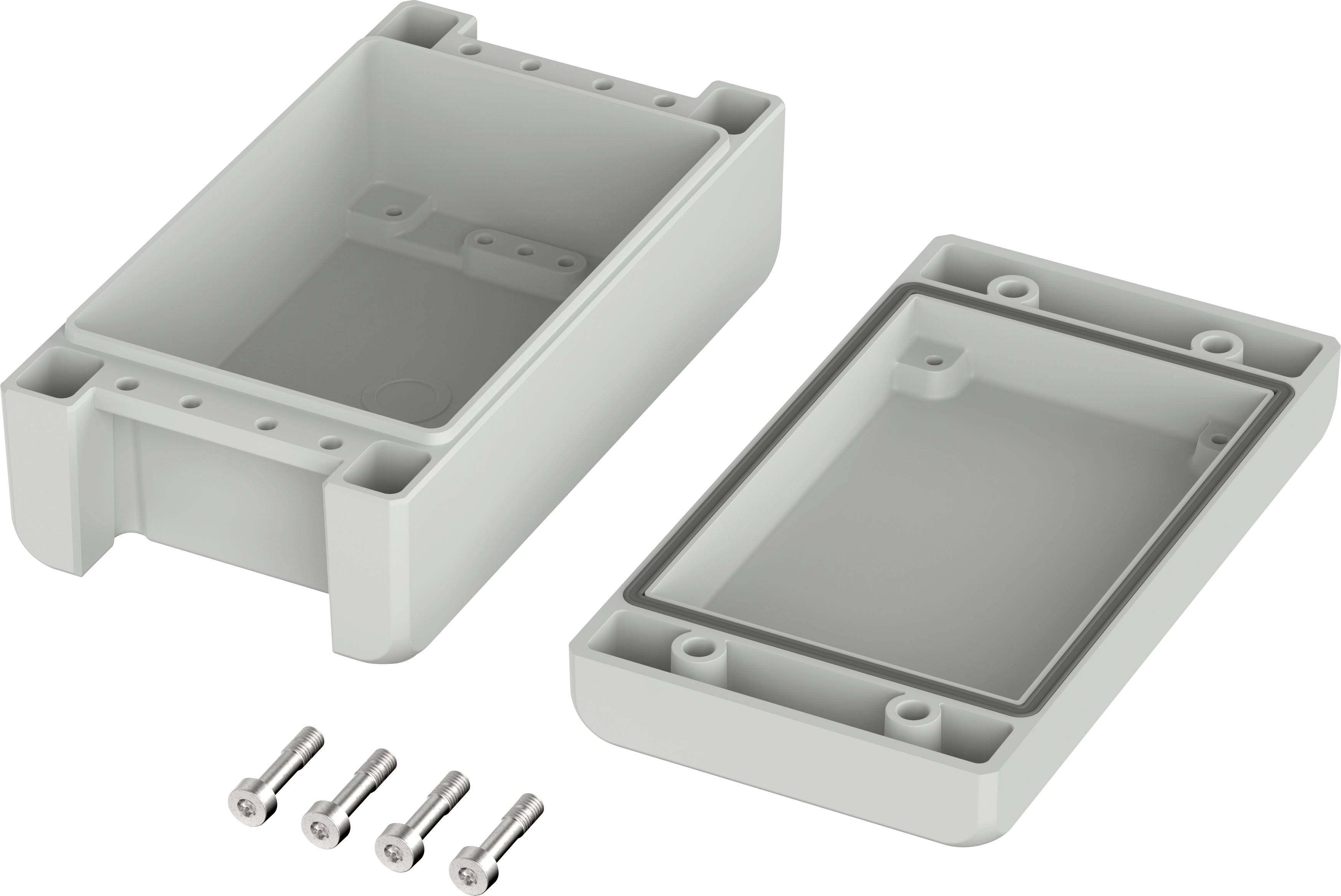 Enclosure with a removable lid and four screws, suitable for mounting electronic components.
