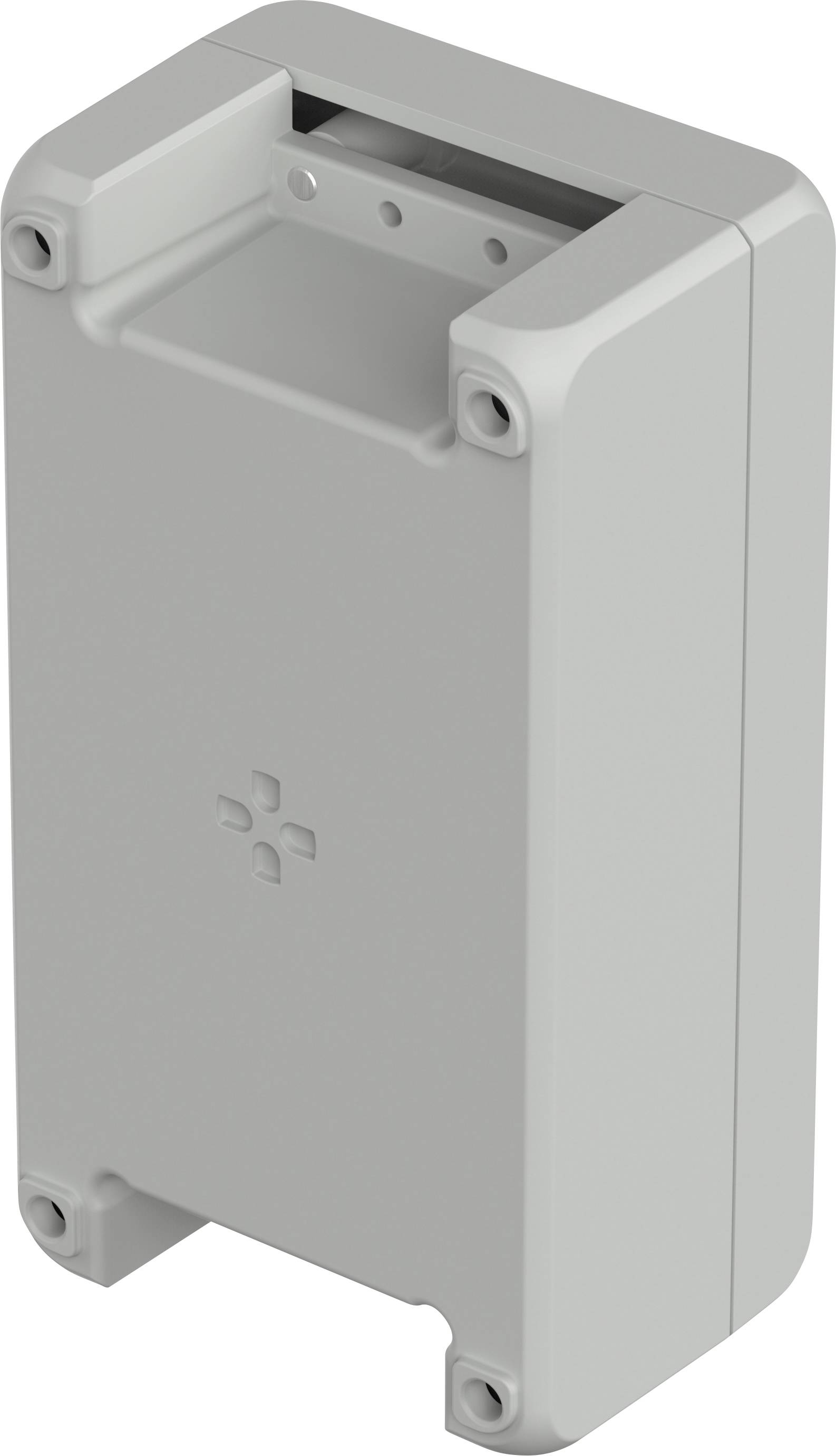 Grey plastic enclosure with screw holes at the corners, suitable for electronic components or device installations.