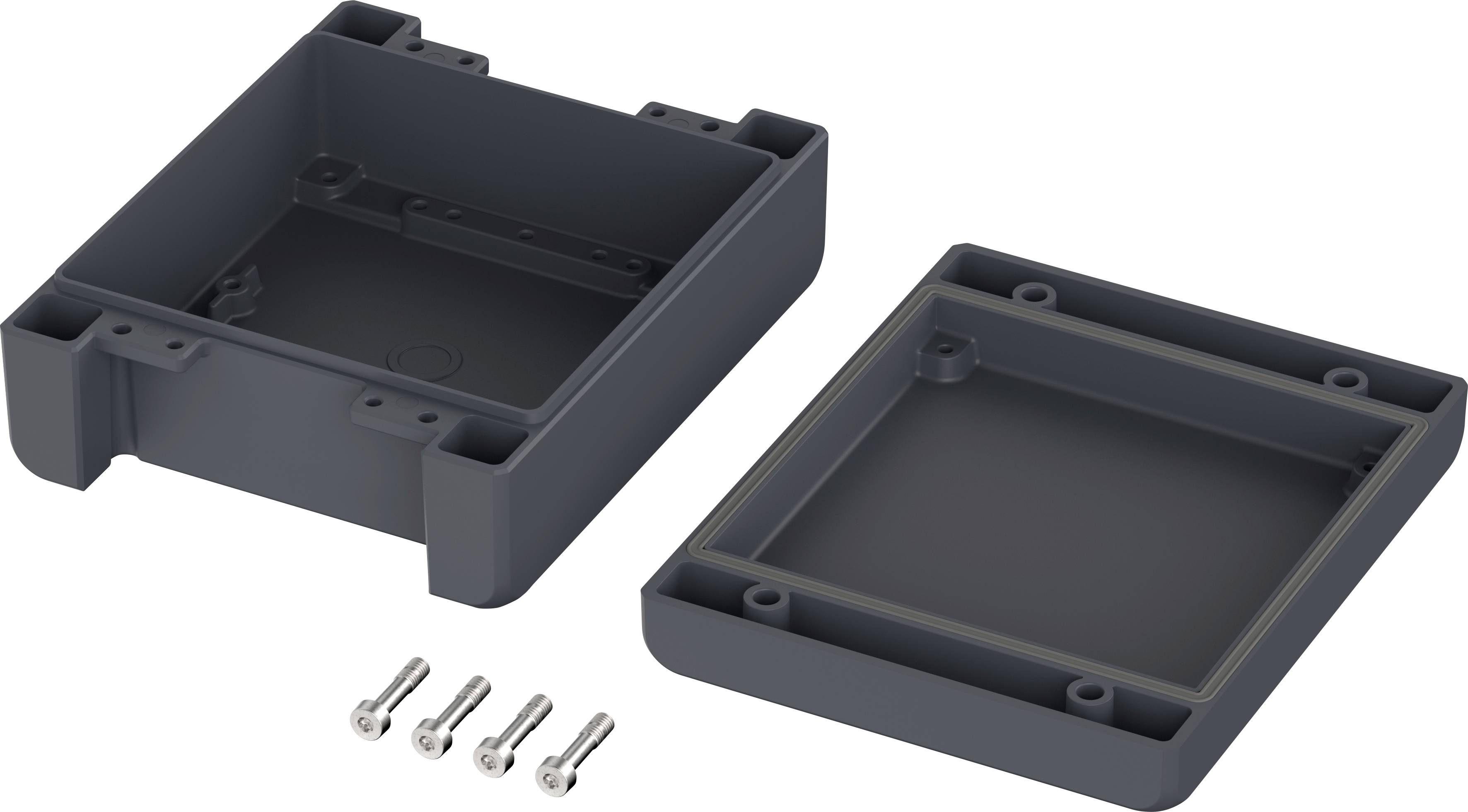 Two black plastic housing components with four silver screws. The parts are designed for assembly and show interior and exterior surfaces.