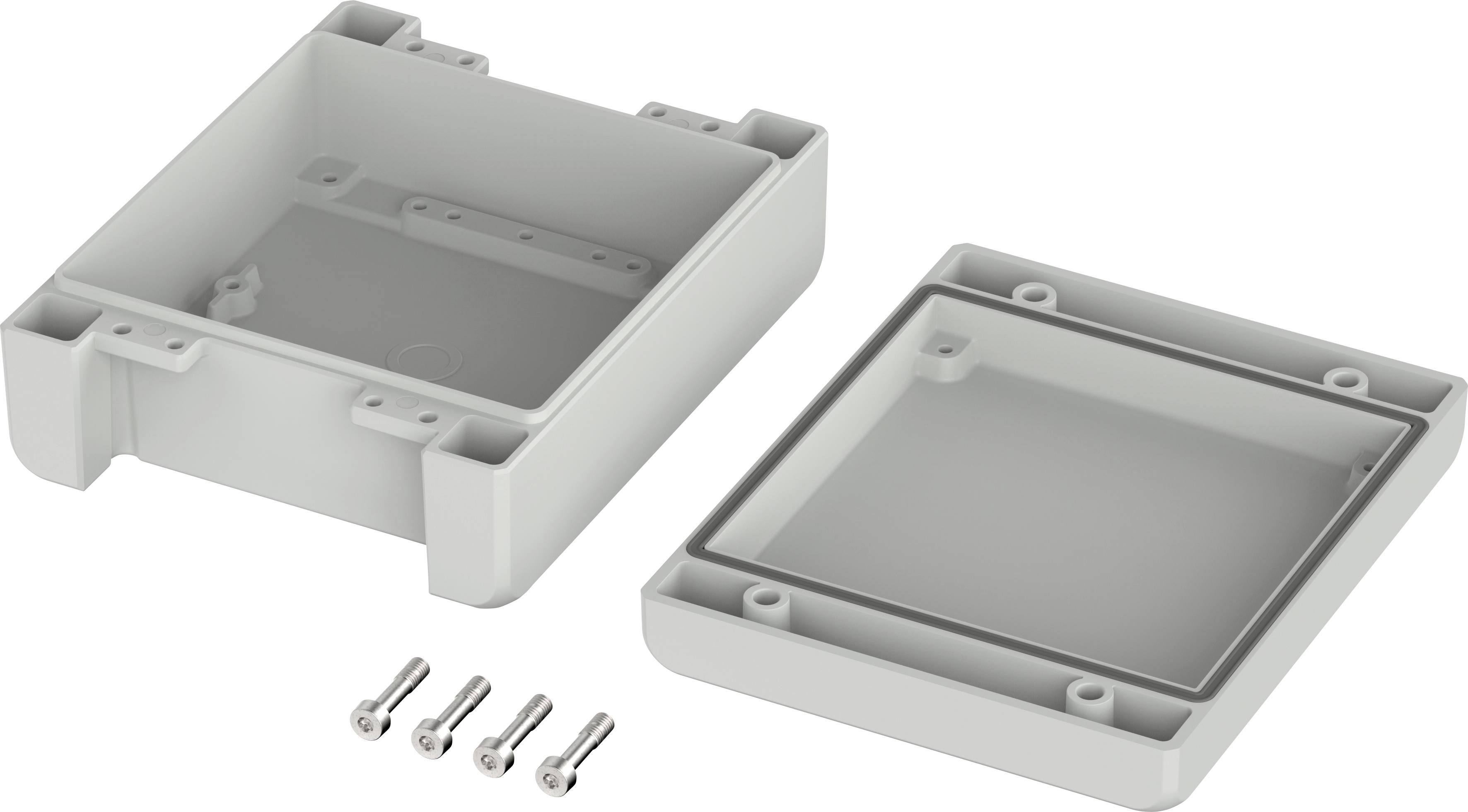 Grey plastic housing, consisting of two square parts for mounting. Four screws are laid out in front.
