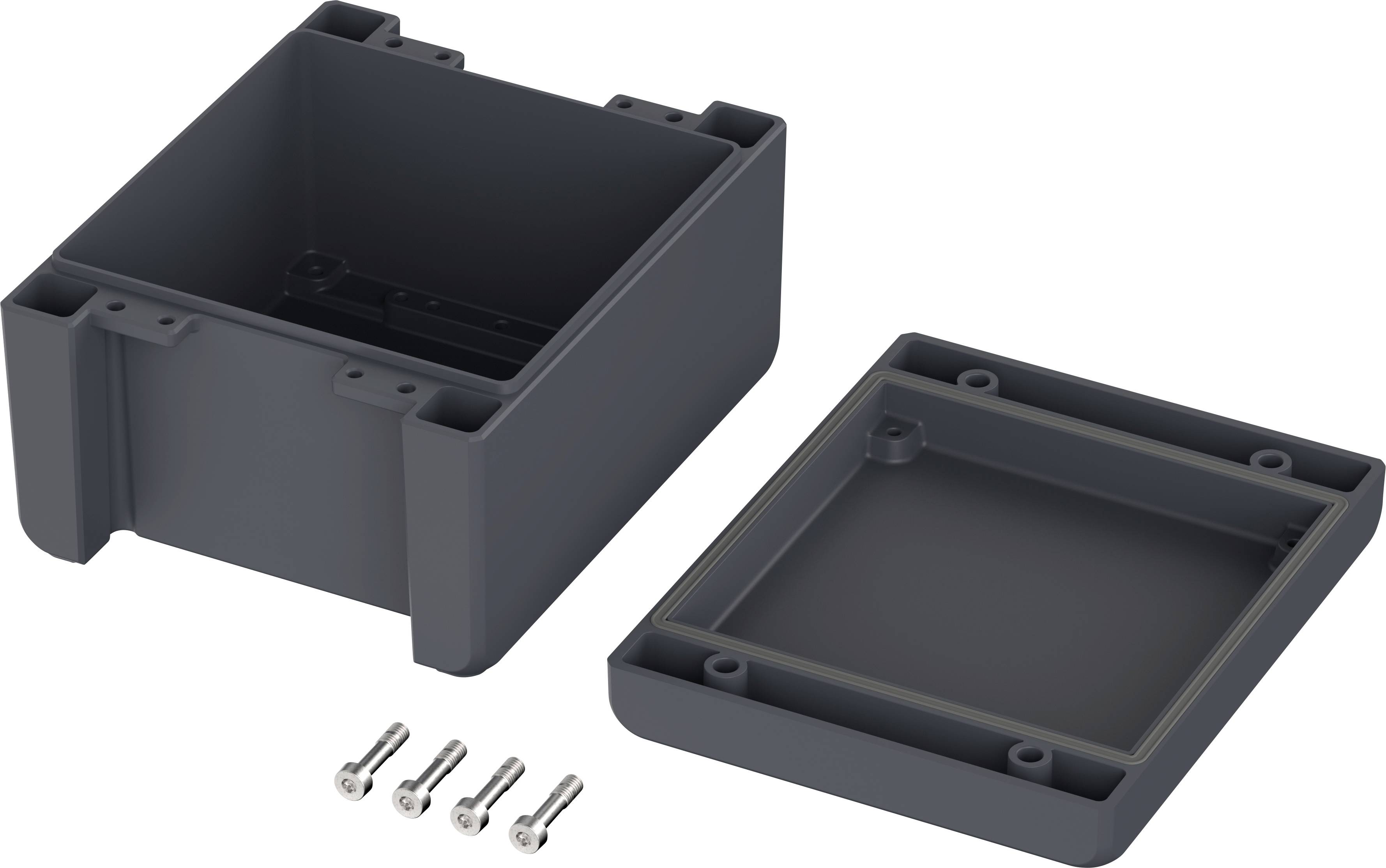 Plastic enclosure box, opened, with a removable lid and four screws beside it, used for storing or mounting devices.