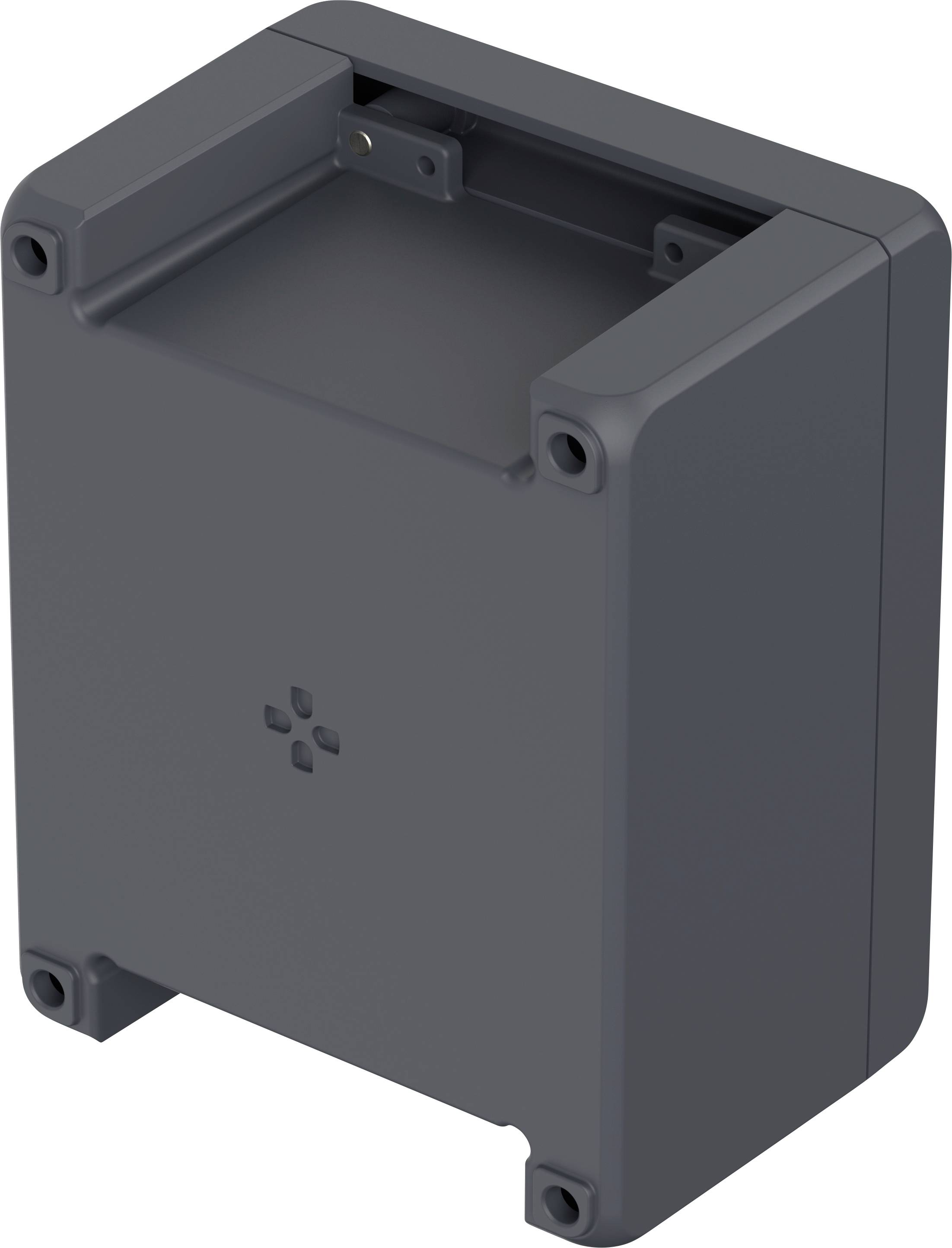 Grey, rectangular enclosure with four screw holes at the corners. Top side open. Suitable for electronic components.