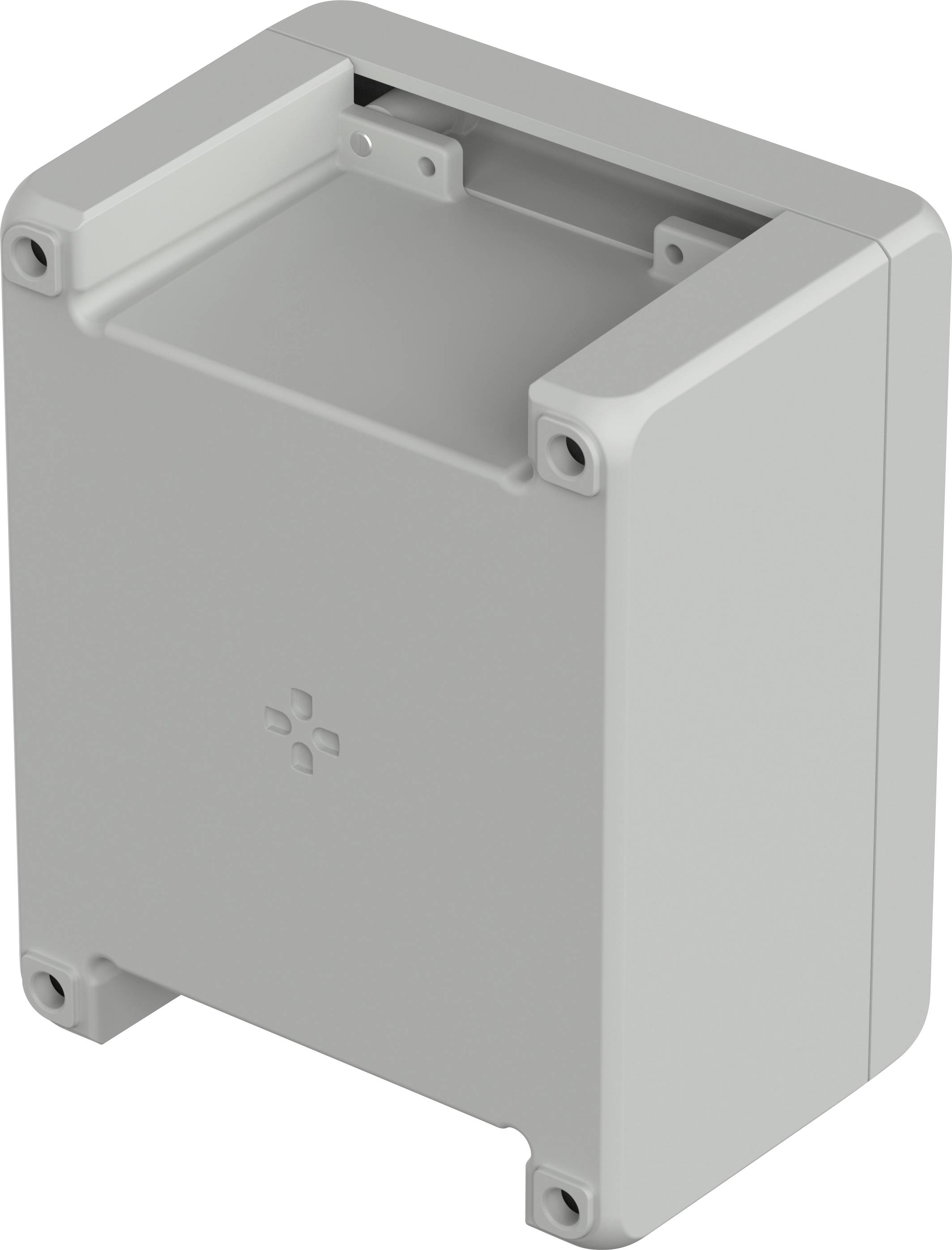 A grey, rectangular electronic enclosure cover with four corners that can be screwed together, possibly for protecting devices.