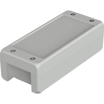 Rectangular, grey electronics enclosure with rounded corners and four screws at the corners of the lid. Suitable for indoor applications.