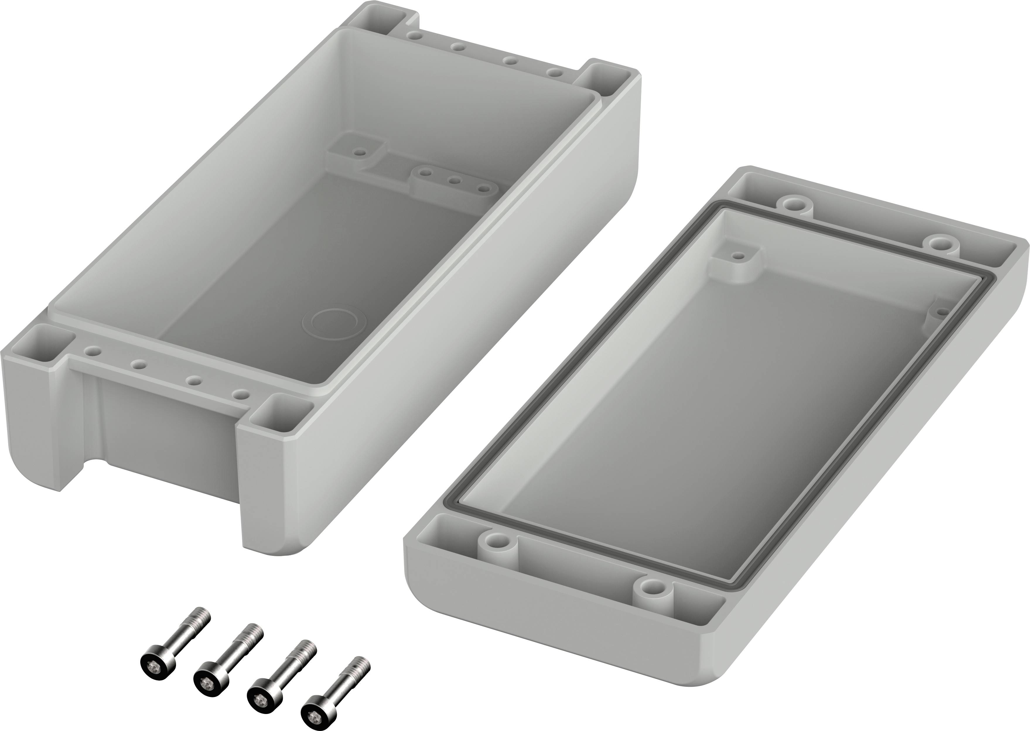 A grey, rectangular plastic electronics enclosure, comprising two halves, with four silver screws beside it.