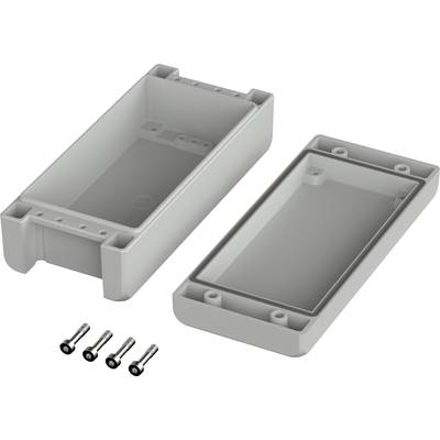 A grey, rectangular plastic electronics enclosure, comprising two halves, with four silver screws beside it.