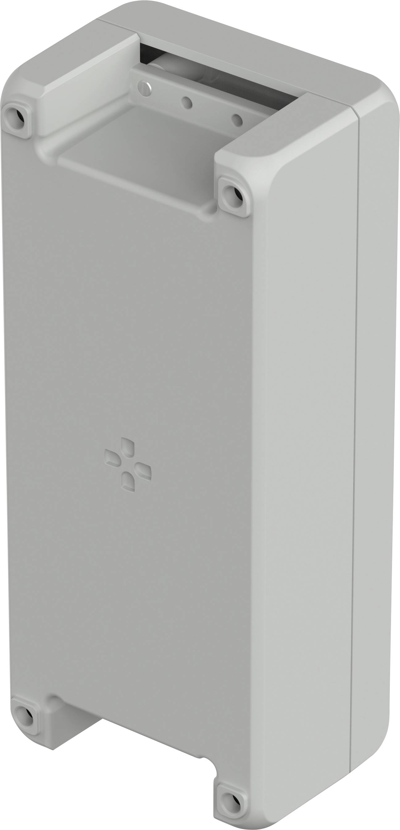 Grey, rectangular plastic casing with screw openings at the corners and a small cross symbol on the surface.