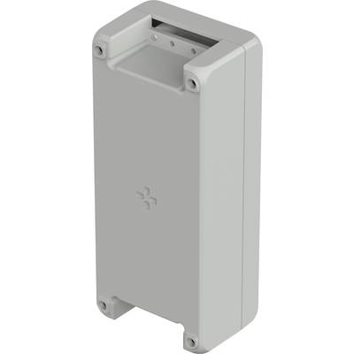 Grey, rectangular plastic casing with screw openings at the corners and a small cross symbol on the surface.