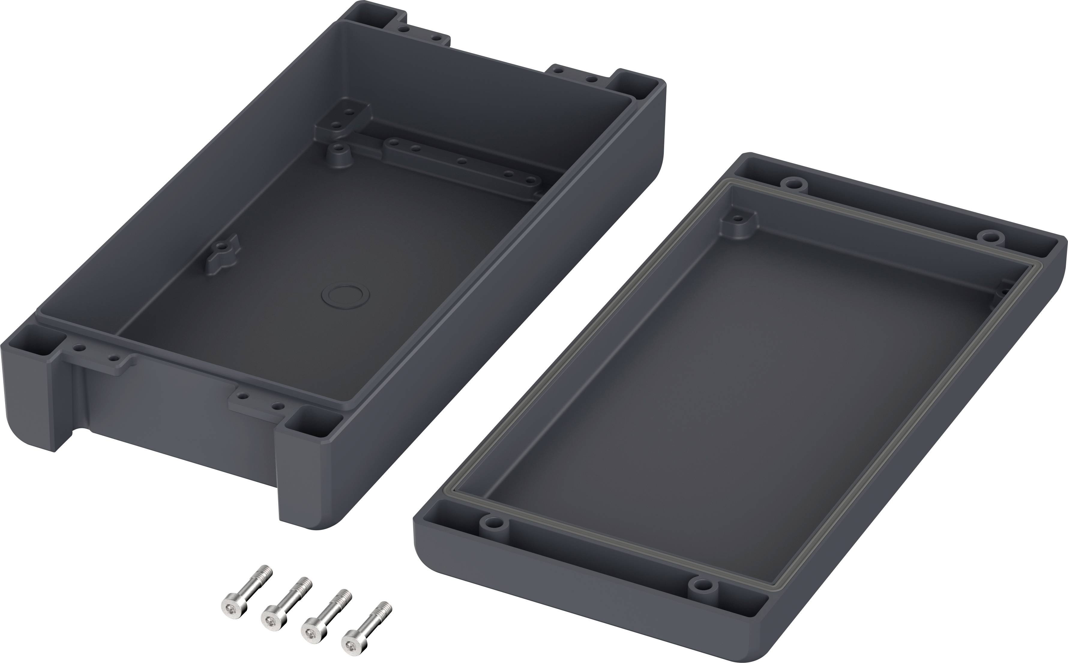 An opened dark grey plastic casing with its cover removed. Four small screws are lying beside it.