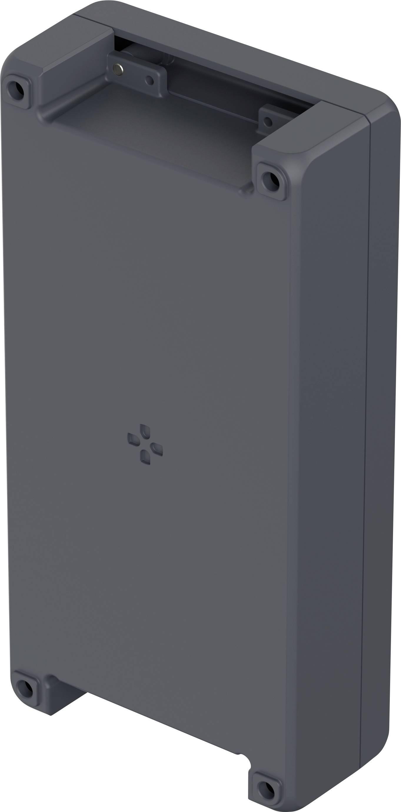 A rectangular, grey electronic enclosure with rounded corners and screw holes at each corner.