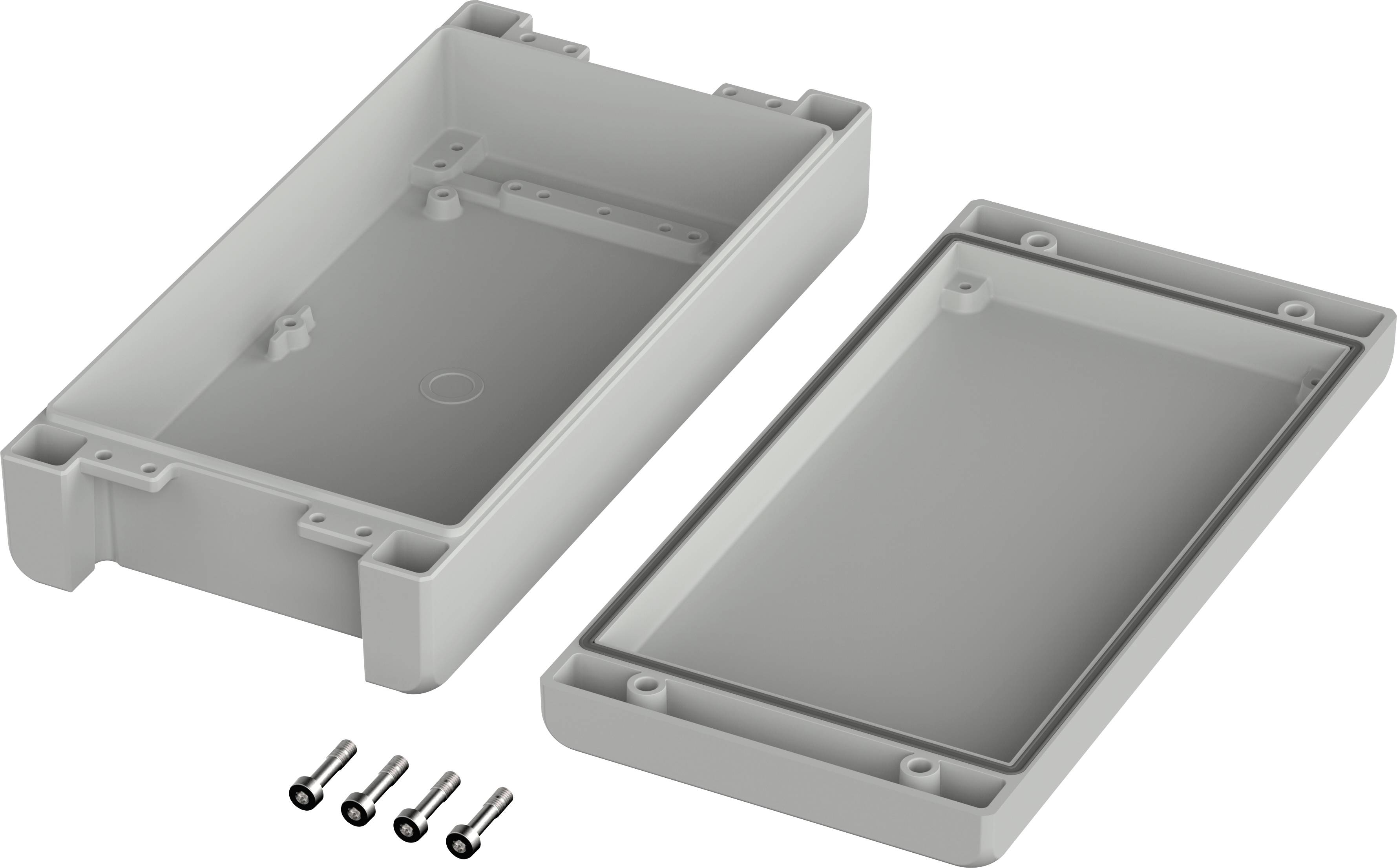 Grey electronics enclosure consisting of two halves with four screws. Suitable for protecting electronic components.