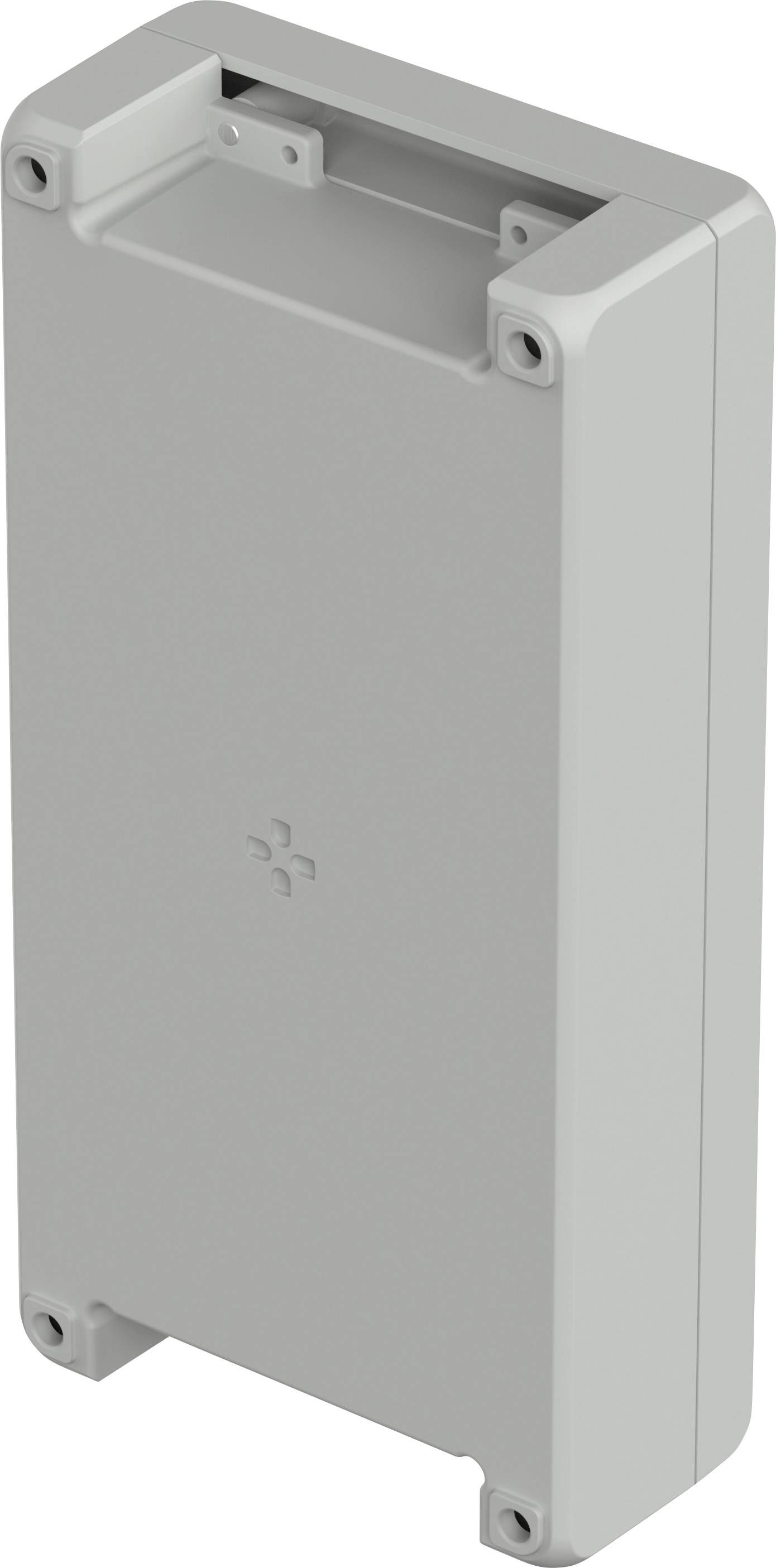 A rectangular, grey plastic casing with rounded corners and four screw holes at the corners.