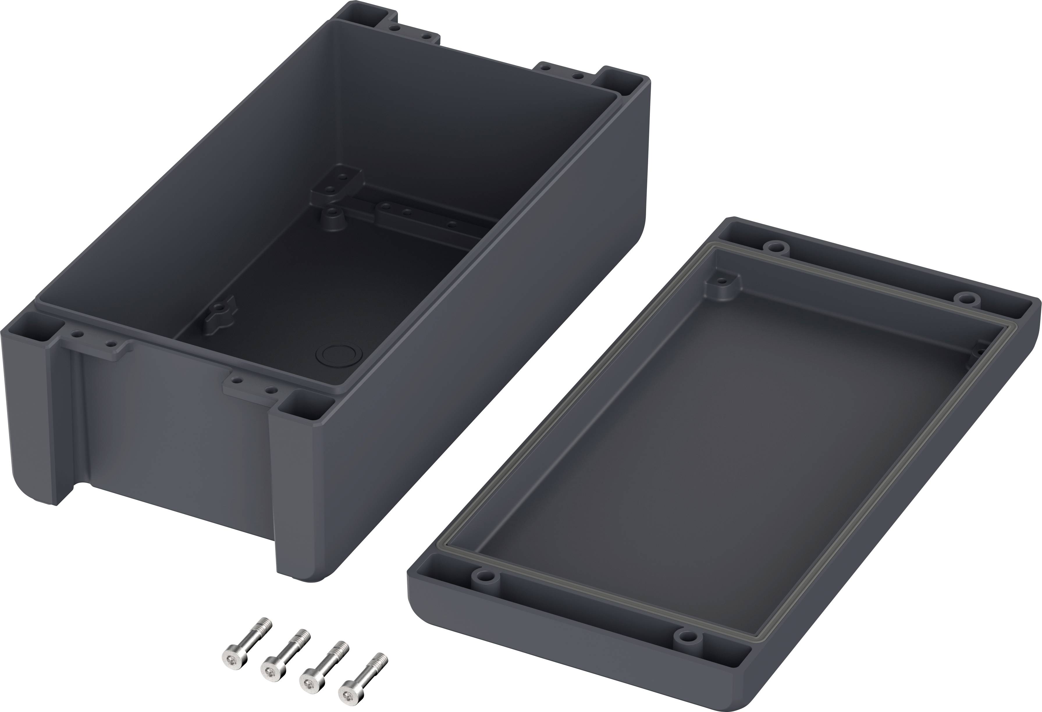 A rectangular black plastic casing with a removable lid, shown next to four screws.