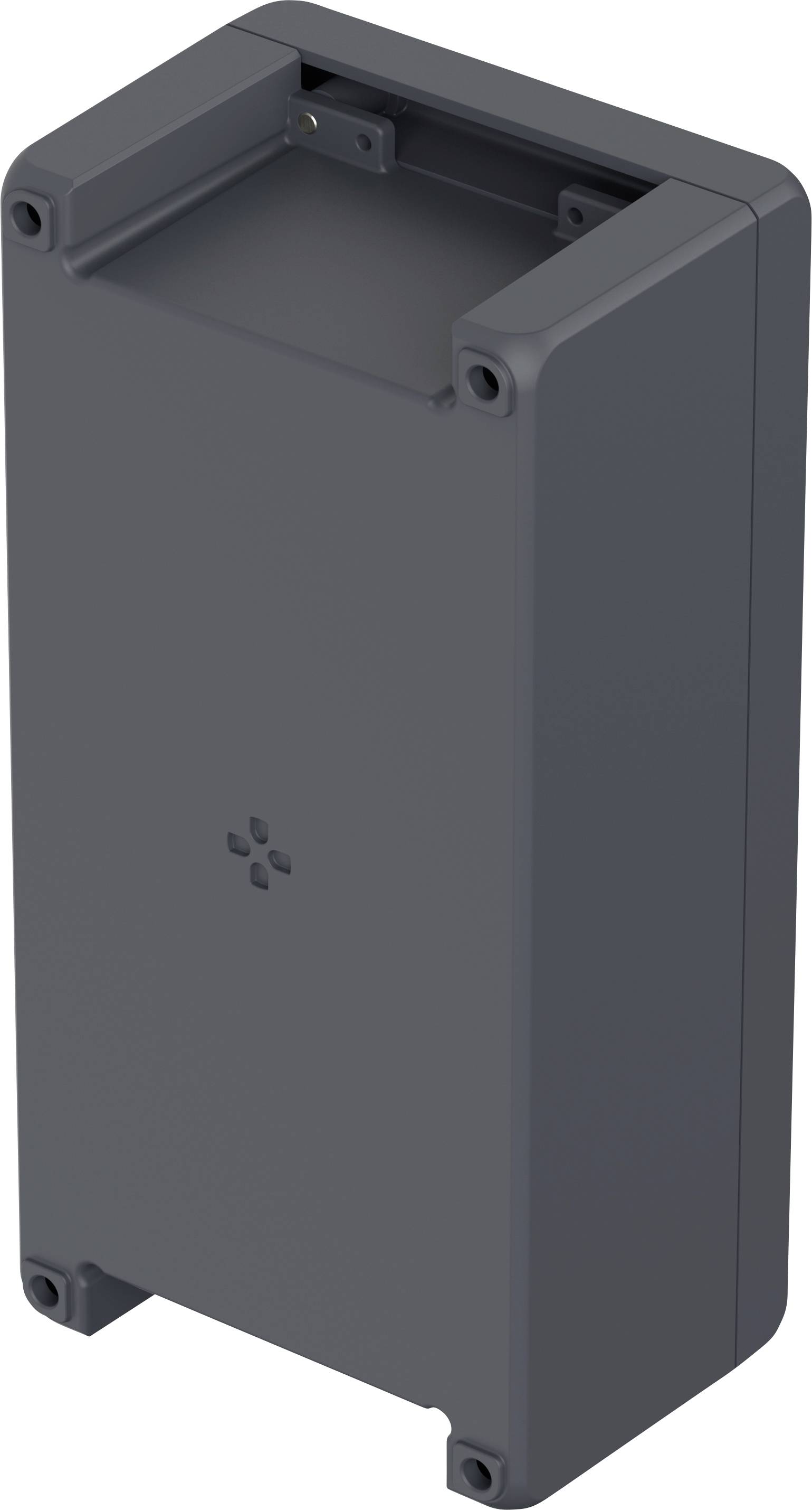 Closed black rectangular plastic enclosure with rounded corners; suitable for electronic components.