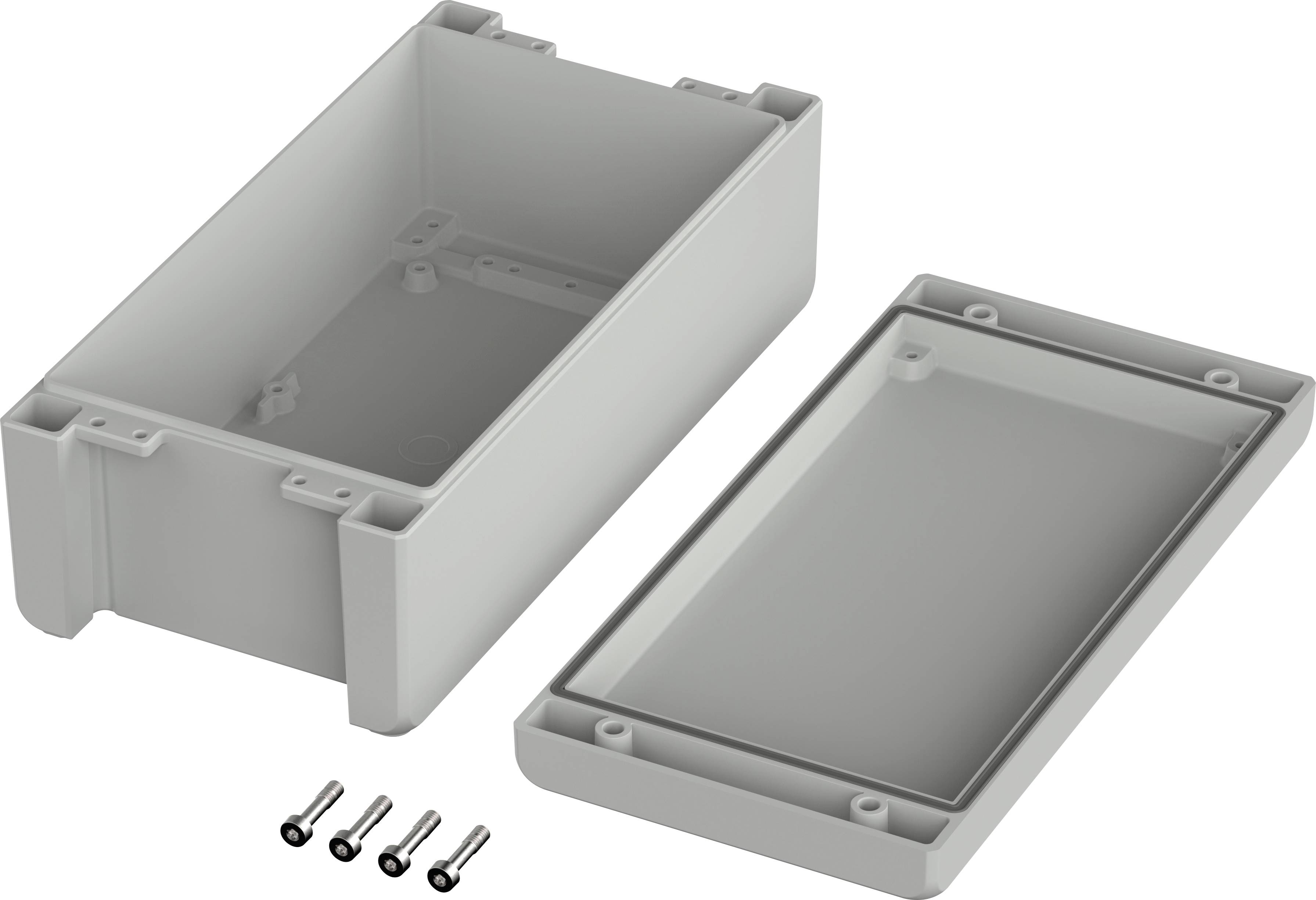 Grey rectangular plastic enclosure with removable cover and four mounting screws, suitable for electronic projects.