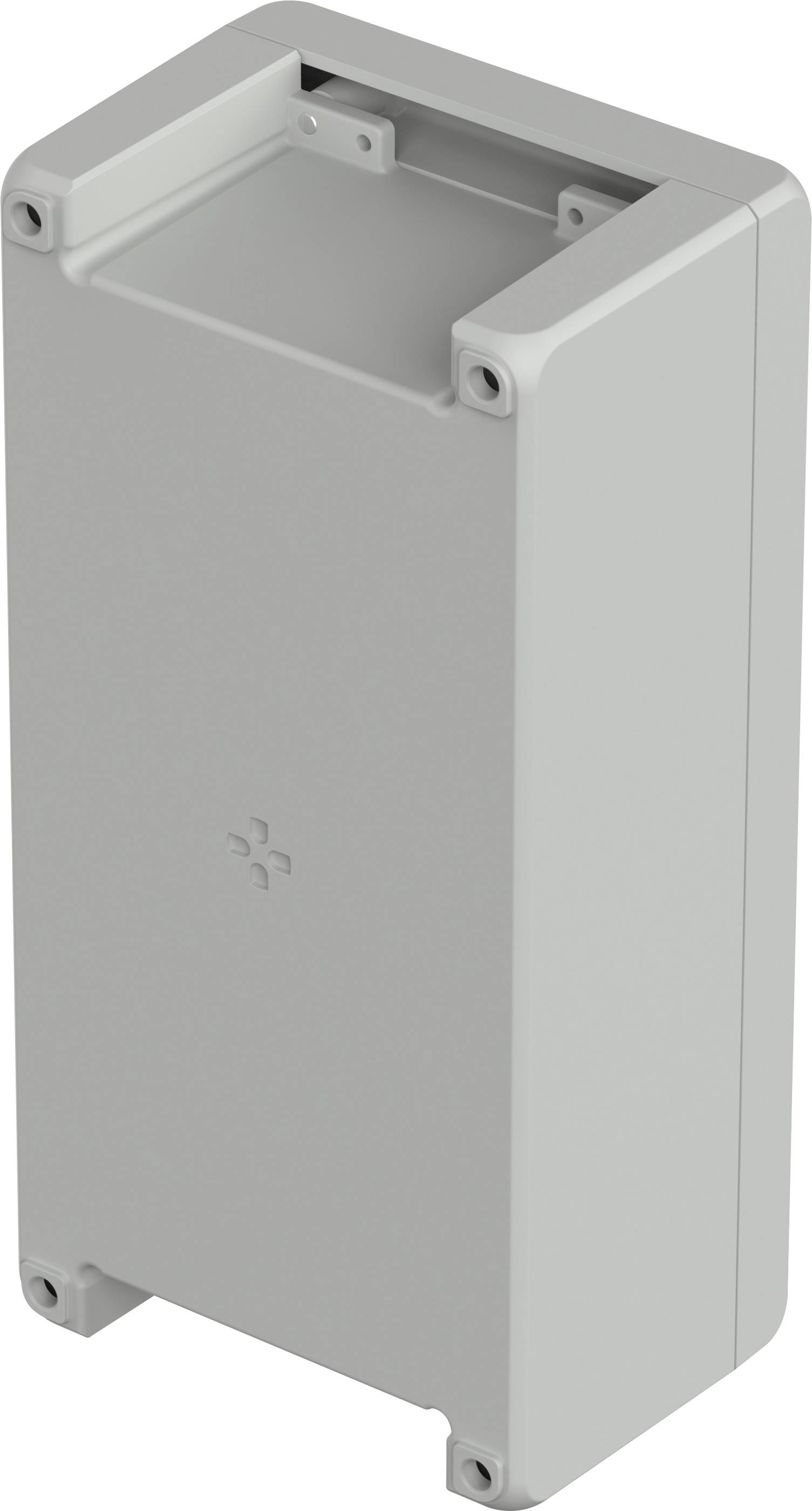 Grey, rectangular plastic case with rounded corners, four screw holes for wall mounting.