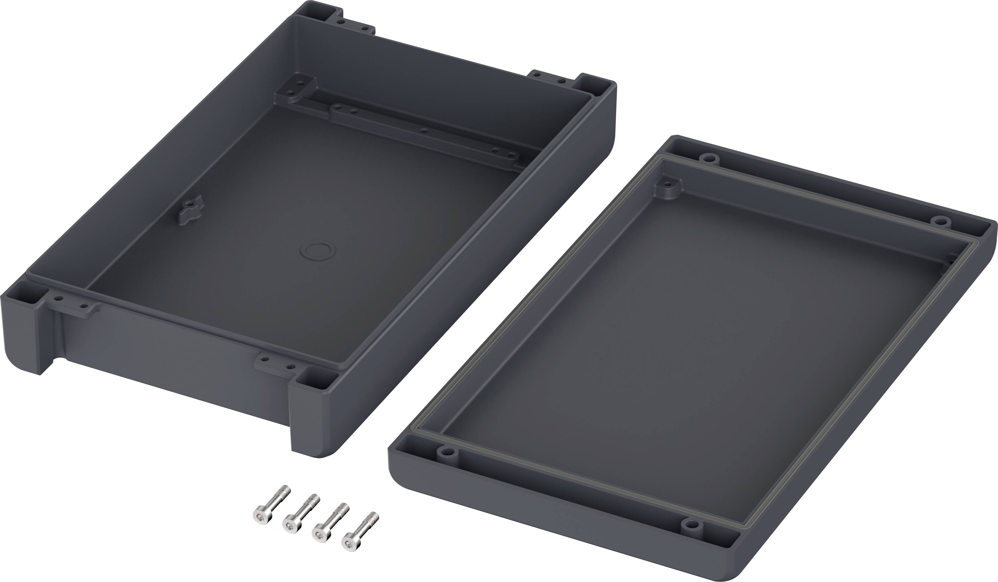 Two-part enclosure box with four screws, grey, on a white background.