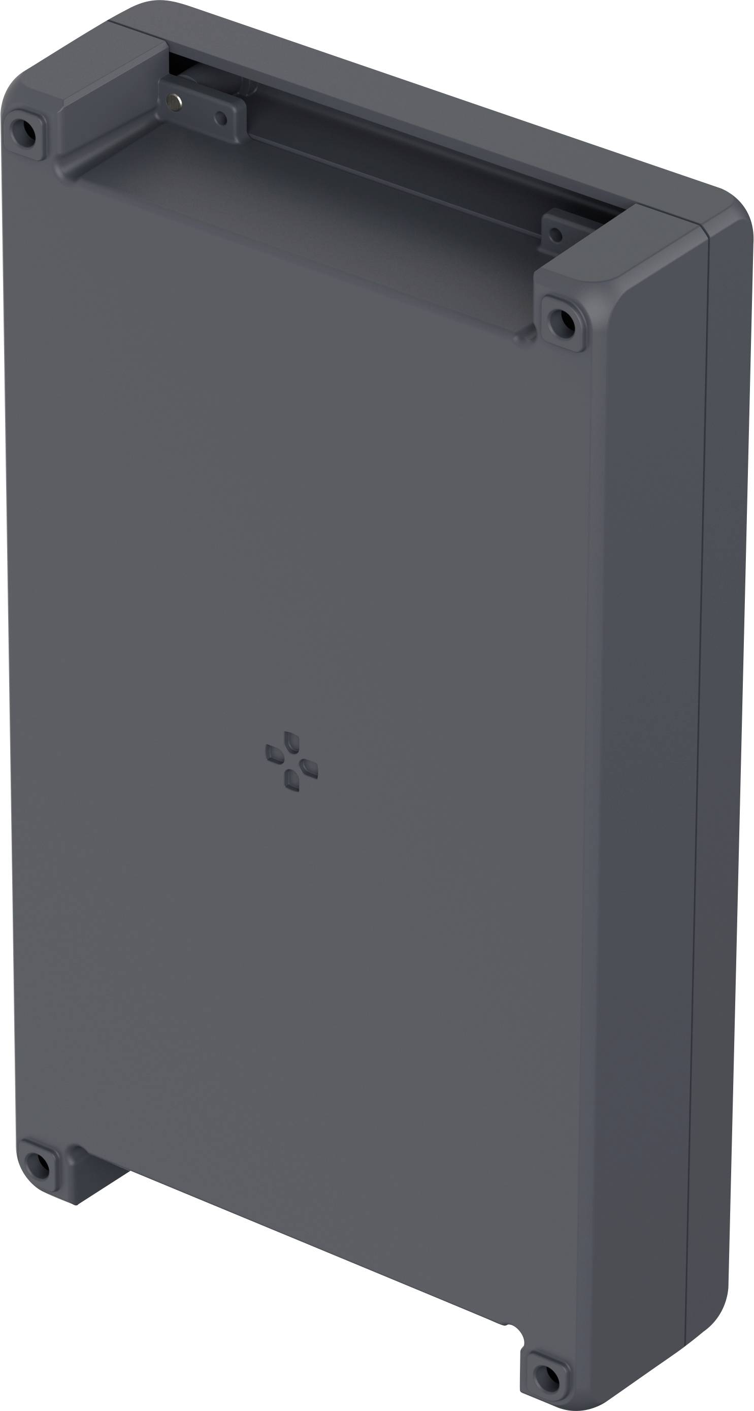 A dark grey, rectangular plastic enclosure with rounded corners, standing vertically, with screws in the corners.