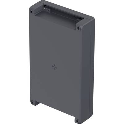 A dark grey, rectangular plastic enclosure with rounded corners, standing vertically, with screws in the corners.
