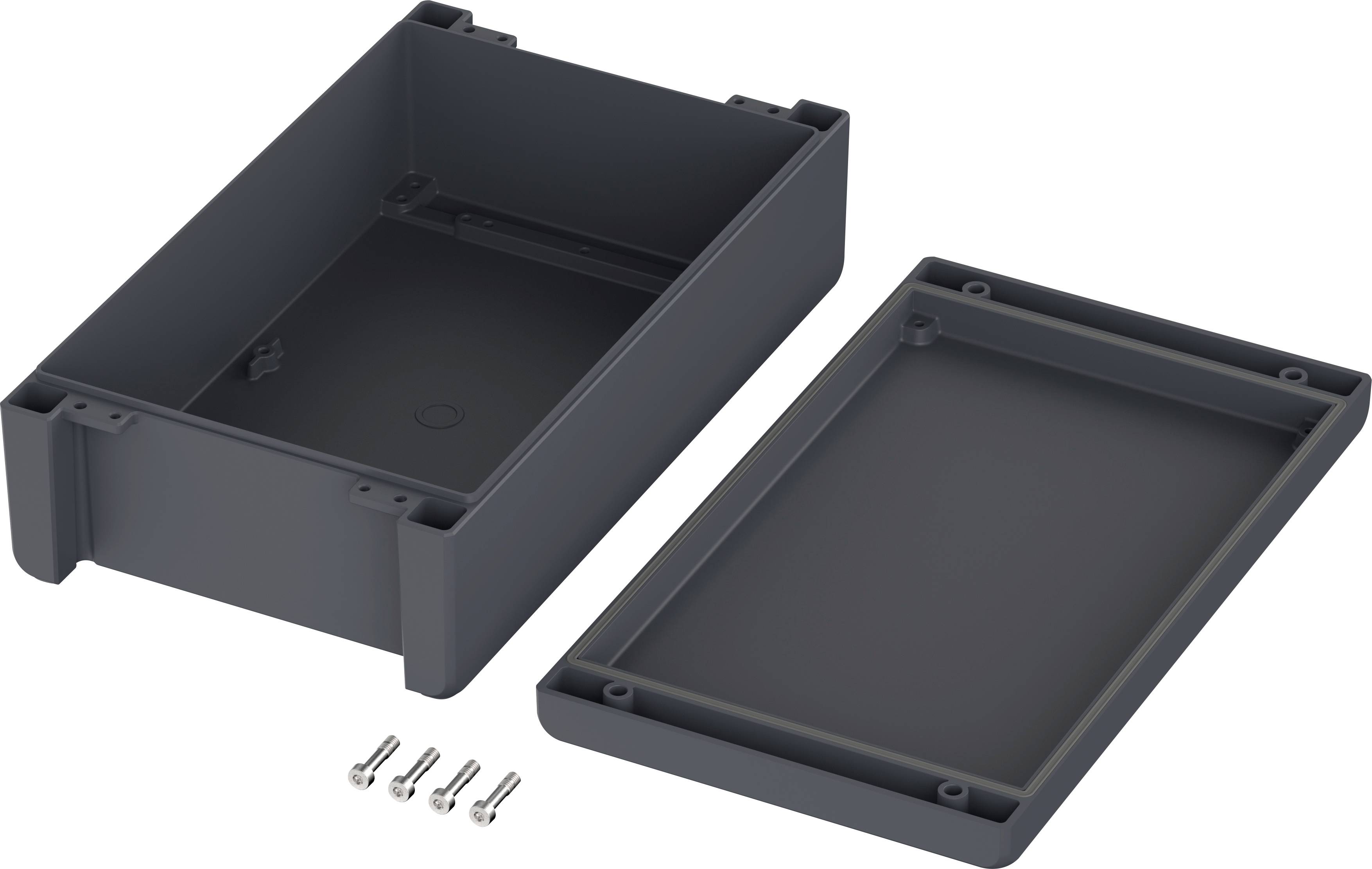 A rectangular, grey enclosure made of two parts and four screws. The enclosure is open and the parts are lying next to each other.
