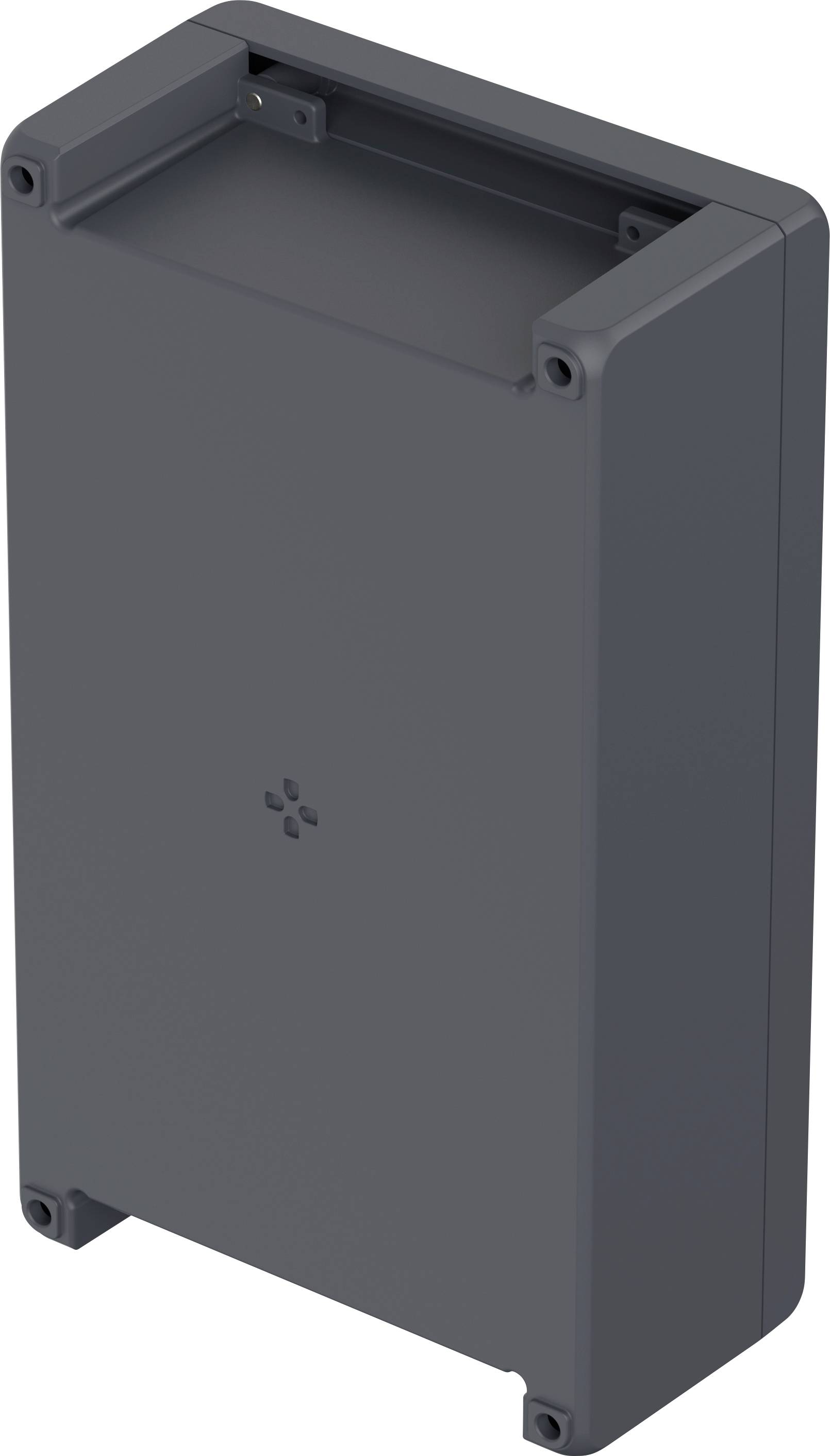 Grey rectangular plastic enclosure with a smooth surface and bevelled corners; designed for electronic components.