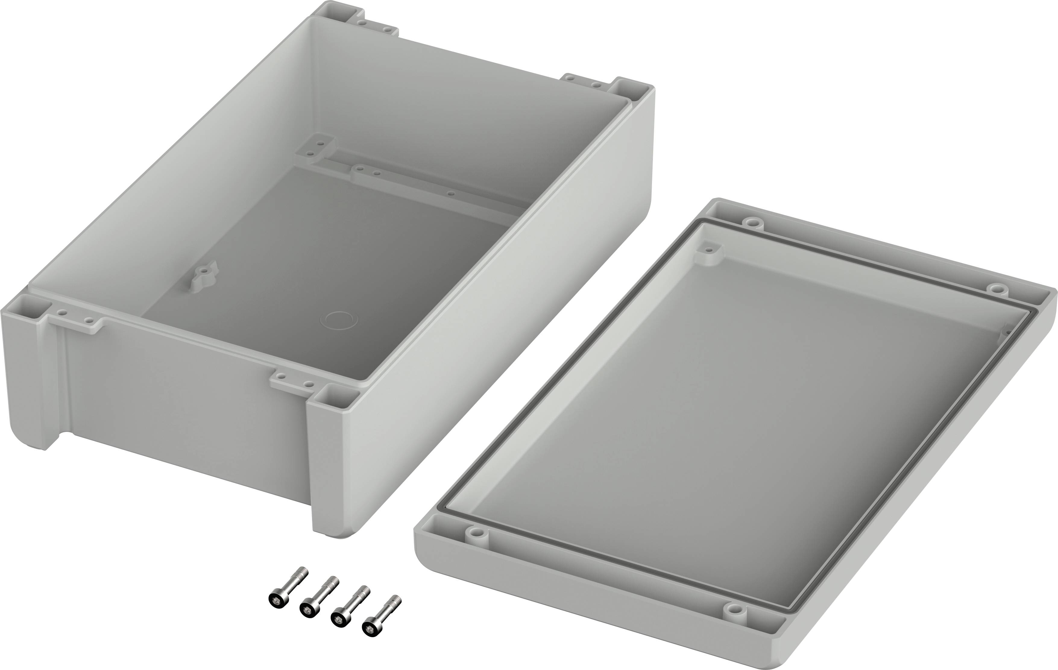 Housing with a removable lid and four screws, suitable for electronic projects.