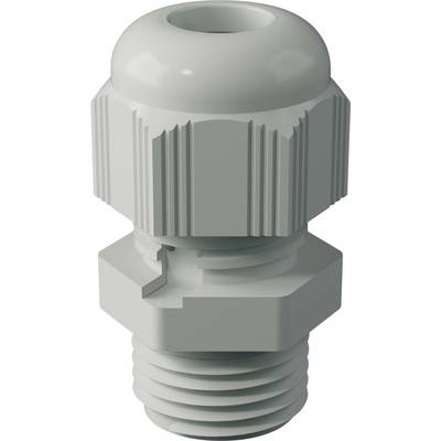 A light grey cable gland with grooves and screw threads for the protection and sealing of cables in electrical applications.